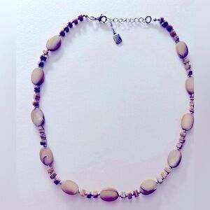 CHAPS Necklac Mother-of-Pearl ovals, small stone beads in tans, silver 18”